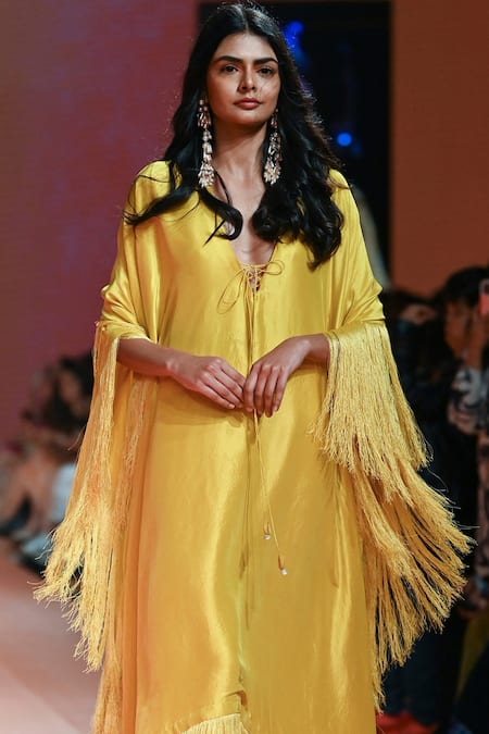 Buy Arpita Mehta Yellow Silk Fringe V-neck Tasselled Kaftan Set Online at Aza Fashions Buy_Arpita Mehta_Yellow Silk Fringe V-neck Tasselled Kaftan Set _Online_at_Aza_Fashions