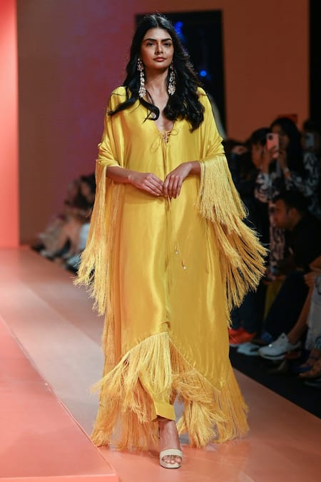Shop Arpita Mehta Yellow Silk Fringe V-neck Tasselled Kaftan Set Online at Aza Fashions Shop_Arpita Mehta_Yellow Silk Fringe V-neck Tasselled Kaftan Set _Online_at_Aza_Fashions