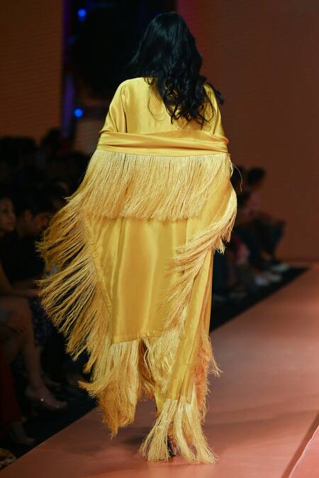 Arpita Mehta Yellow Silk Fringe V-neck Tasselled Kaftan Set at Aza Fashions Arpita Mehta_Yellow Silk Fringe V-neck Tasselled Kaftan Set _at_Aza_Fashions