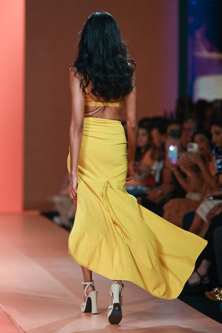 Shop_Arpita Mehta_Yellow Net, Cotton Beads, Mirrors Round Embroidered Blouse And Tulip Skirt Set_Online_at_Aza_Fashions