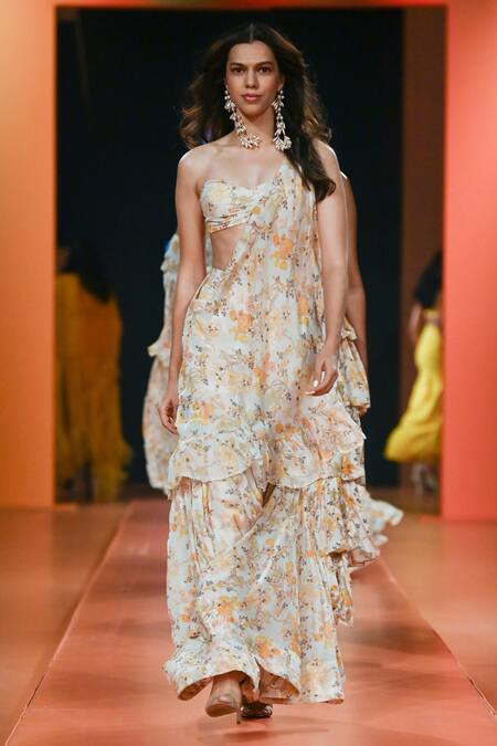 Arpita Mehta_White Georgette Printed Floral Sweetheart Neck Blouse Gharara Set _Online_at_Aza_Fashions