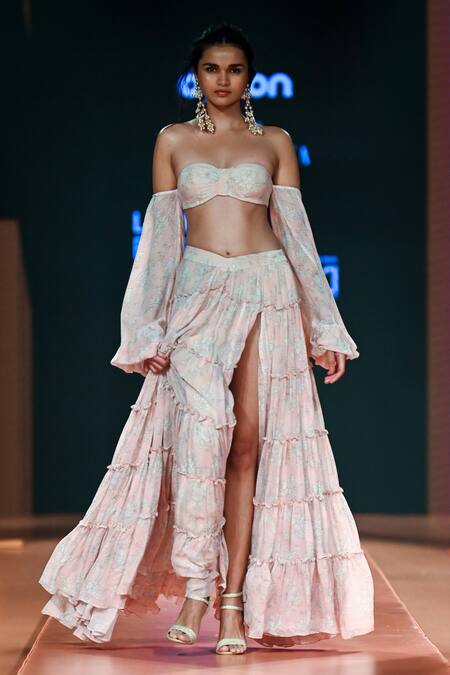 Arpita Mehta_Beige Georgette Embroidery Sweetheart Neck Floral Print Blouse And Skirt Set_Online_at_Aza_Fashions