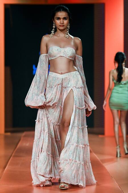 Buy_Arpita Mehta_Beige Georgette Embroidery Sweetheart Neck Floral Print Blouse And Skirt Set_Online_at_Aza_Fashions