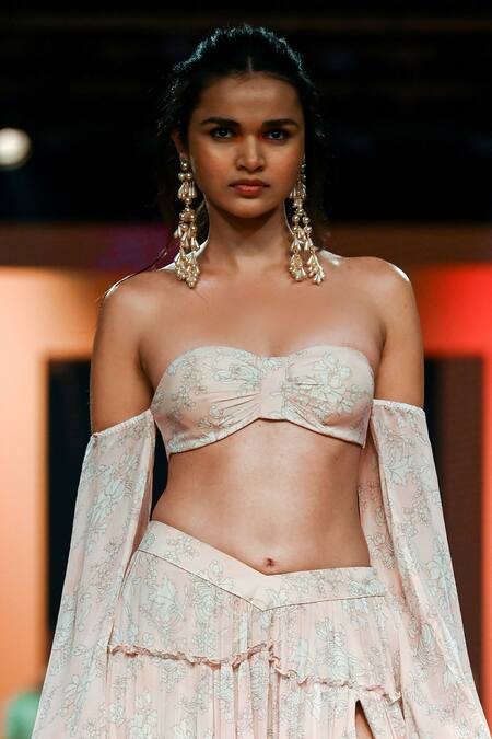 Shop_Arpita Mehta_Beige Georgette Embroidery Sweetheart Neck Floral Print Blouse And Skirt Set_Online_at_Aza_Fashions