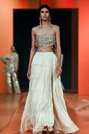 Arpita Mehta_White Georgette Mirrors, Sequins, Embroidery Square Tiered Skirt And Blouse Set_Online_at_Aza_Fashions