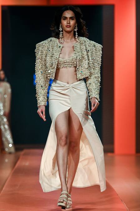 Arpita Mehta Beige Net, Cotton Mirrors Open Neck Tassel Embroidered Jacket And Tulip Skirt Set Online at Aza Fashions Arpita Mehta_Beige Net, Cotton Mirrors Open Neck Tassel Embroidered Jacket And Tulip Skirt Set_Online_at_Aza_Fashions