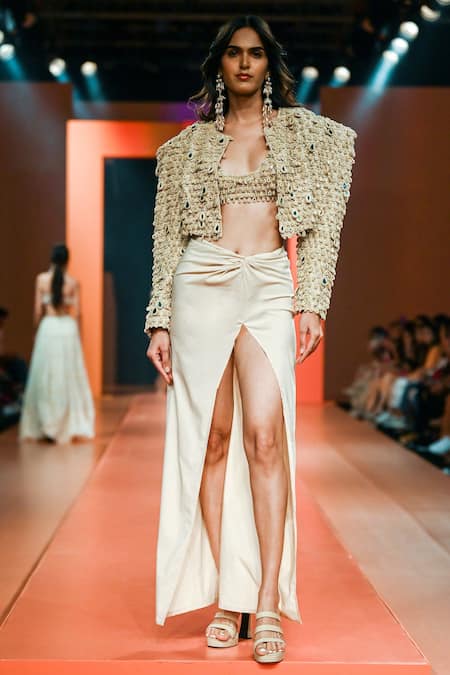 Buy Arpita Mehta Beige Net, Cotton Mirrors Open Neck Tassel Embroidered Jacket And Tulip Skirt Set Online at Aza Fashions Buy_Arpita Mehta_Beige Net, Cotton Mirrors Open Neck Tassel Embroidered Jacket And Tulip Skirt Set_Online_at_Aza_Fashions