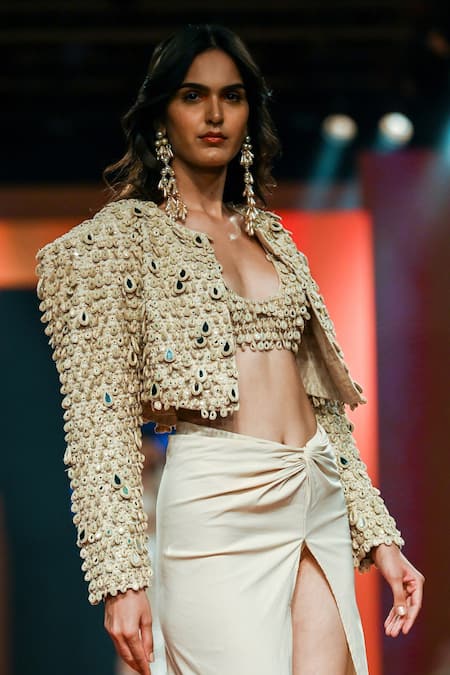 Shop Arpita Mehta Beige Net, Cotton Mirrors Open Neck Tassel Embroidered Jacket And Tulip Skirt Set Online at Aza Fashions Shop_Arpita Mehta_Beige Net, Cotton Mirrors Open Neck Tassel Embroidered Jacket And Tulip Skirt Set_Online_at_Aza_Fashions
