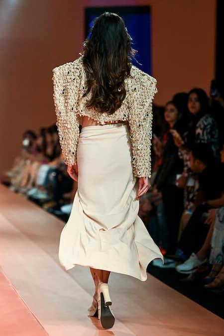 Arpita Mehta Beige Net, Cotton Mirrors Open Neck Tassel Embroidered Jacket And Tulip Skirt Set at Aza Fashions Arpita Mehta_Beige Net, Cotton Mirrors Open Neck Tassel Embroidered Jacket And Tulip Skirt Set_at_Aza_Fashions