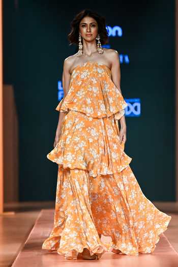 Arpita Mehta_White Crepe, Silk Square Neck Floral Print Gown_Online_at_Aza_Fashions