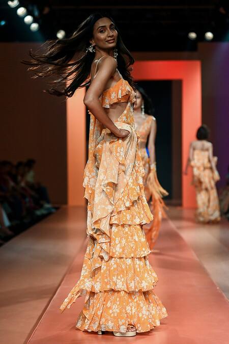 Buy_Arpita Mehta_White Georgette Embroidery V-neck Ruffle Pre-draped Saree With Blouse_Online_at_Aza_Fashions