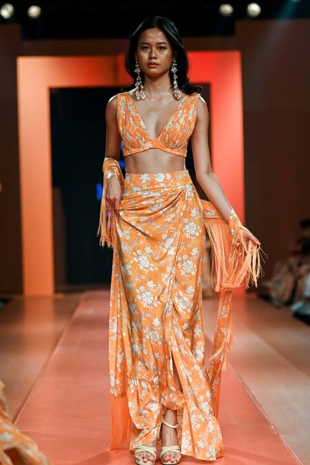 Buy_Arpita Mehta_White Crepe, Silk Embroidery V-neck Printed Pleated Blouse Skirt Set_Online_at_Aza_Fashions