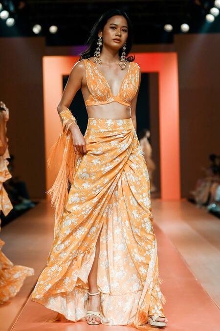 Shop_Arpita Mehta_White Crepe, Silk Embroidery V-neck Printed Pleated Blouse Skirt Set_Online_at_Aza_Fashions