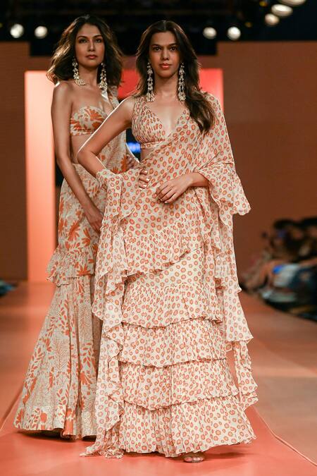 Arpita Mehta_Beige Georgette Embroidery Plunge Neck Floral Print Ruffle Saree And Blouse Set_Online_at_Aza_Fashions