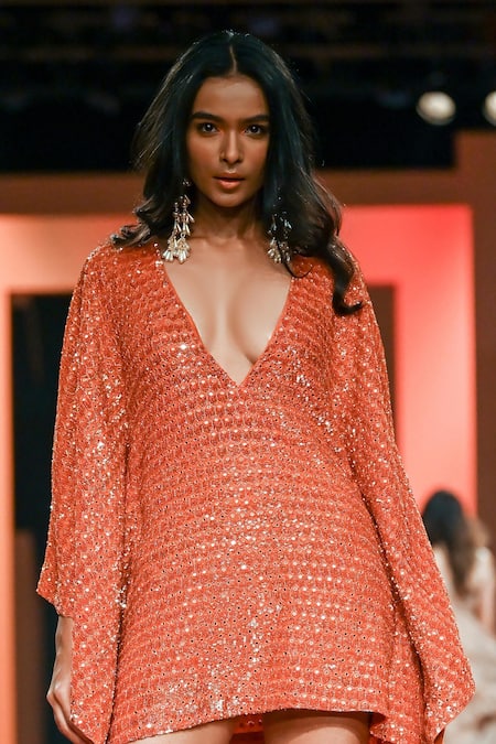 Buy_Arpita Mehta_Orange Georgette Sequins, Mirrors Plunge Neck Hand Embroidered Short Kaftan_Online_at_Aza_Fashions