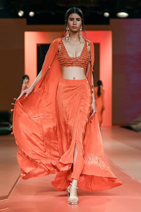 Buy_Arpita Mehta_Orange Tulip Skirt Set With Cape _Online_at_Aza_Fashions