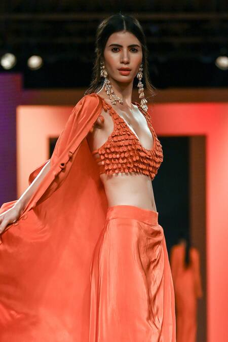 Arpita Mehta_Orange Tulip Skirt Set With Cape _at_Aza_Fashions