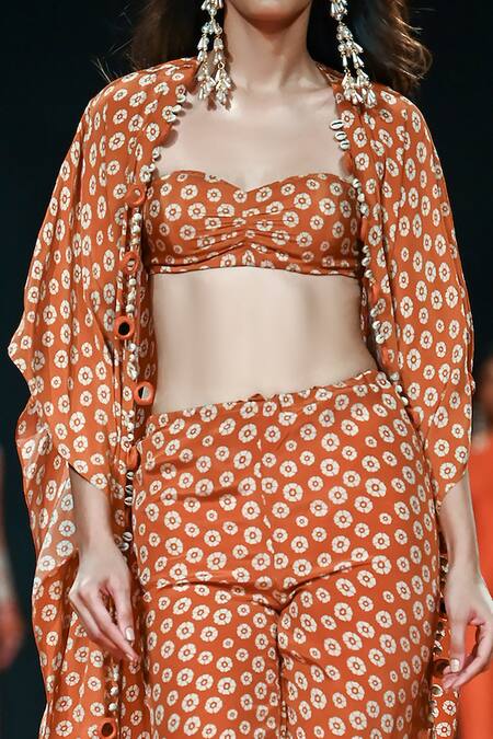 Arpita Mehta_Orange Crepe, Silk Embroidery Bandeau Neck Butti Print Cape Pant Set_Online_at_Aza_Fashions