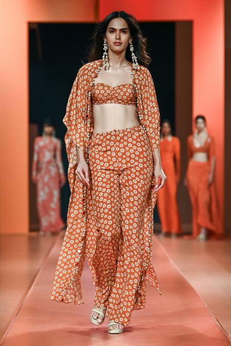 Buy_Arpita Mehta_Orange Crepe, Silk Embroidery Bandeau Neck Butti Print Cape Pant Set_Online_at_Aza_Fashions