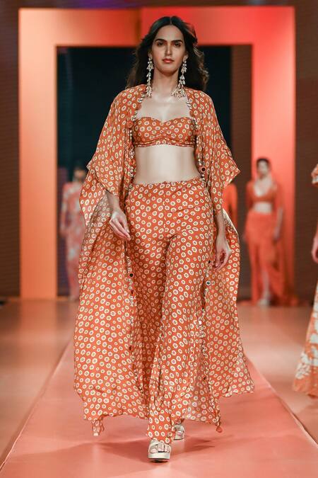 Shop_Arpita Mehta_Orange Crepe, Silk Embroidery Bandeau Neck Butti Print Cape Pant Set_Online_at_Aza_Fashions