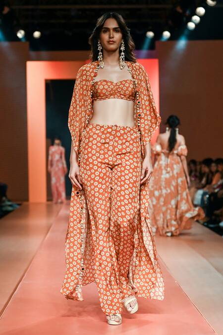 Arpita Mehta_Orange Crepe, Silk Embroidery Bandeau Neck Butti Print Cape Pant Set_at_Aza_Fashions