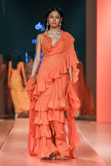 Arpita Mehta Orange Georgette Halter Neck Ruffle Saree And Blouse Set Online at Aza Fashions Arpita Mehta_Orange Georgette Halter Neck Ruffle Saree And Blouse Set_Online_at_Aza_Fashions