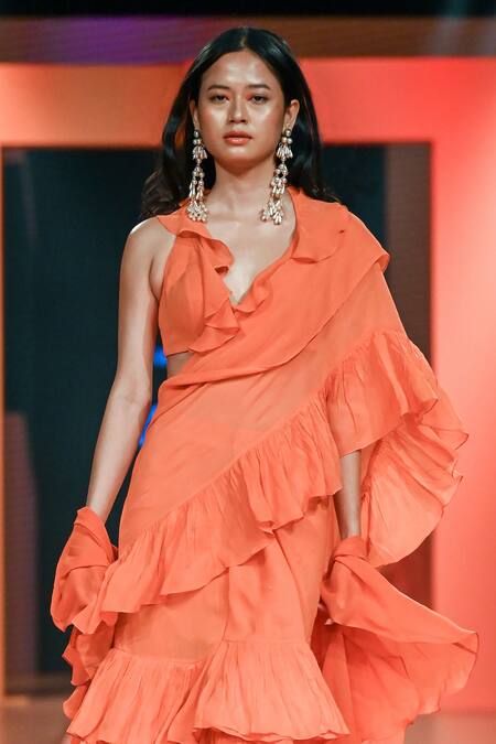 Shop Arpita Mehta Orange Georgette Halter Neck Ruffle Saree And Blouse Set Online at Aza Fashions Shop_Arpita Mehta_Orange Georgette Halter Neck Ruffle Saree And Blouse Set_Online_at_Aza_Fashions