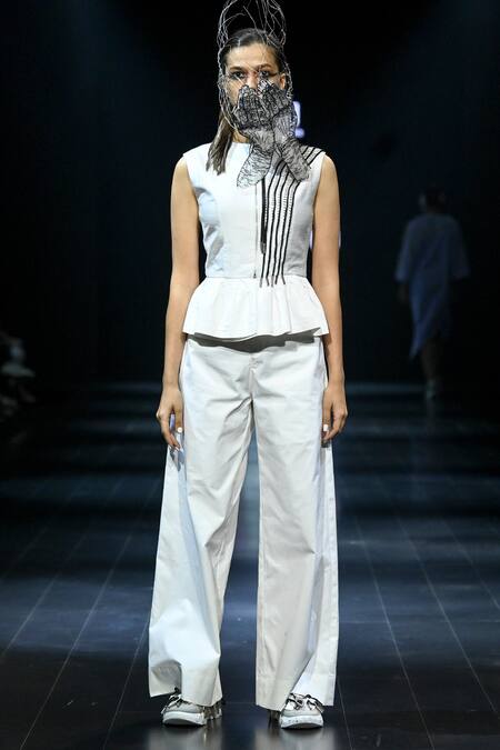 Nitin Bal Chauhan_White Cotton, Silk Embroidery Round Neck 3d Cord Work Peplum Top And Pant Set_Online_at_Aza_Fashions