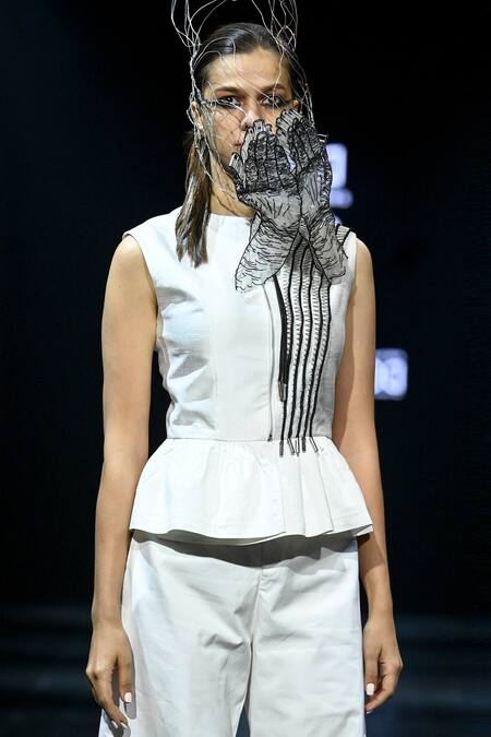 Buy_Nitin Bal Chauhan_White Cotton, Silk Embroidery Round Neck 3d Cord Work Peplum Top And Pant Set_Online_at_Aza_Fashions