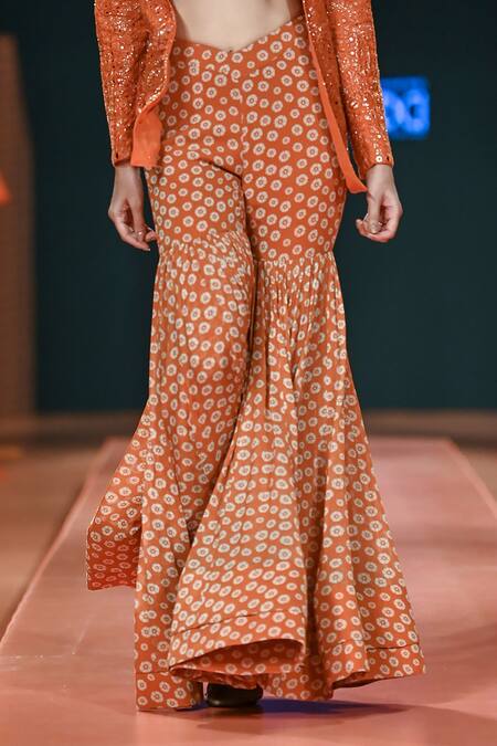 Arpita Mehta_Orange Crepe, Silk, Net Embroidery, Mirrors Plunge Hand Jacket Gharara Set_Online_at_Aza_Fashions