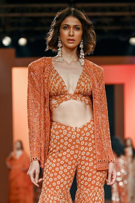 Buy_Arpita Mehta_Orange Crepe, Silk, Net Embroidery, Mirrors Plunge Hand Jacket Gharara Set_Online_at_Aza_Fashions