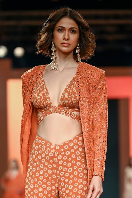 Shop_Arpita Mehta_Orange Crepe, Silk, Net Embroidery, Mirrors Plunge Hand Jacket Gharara Set_Online_at_Aza_Fashions