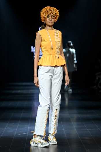 Nitin Bal Chauhan_Yellow Silk, Cotton Embroidery Round Neck Sleeveless Peplum Top And Pant Set _Online_at_Aza_Fashions