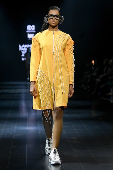 Nitin Bal Chauhan Yellow Cotton Round Neck 3d Embroidered Dress Online at Aza Fashions Nitin Bal Chauhan_Yellow Cotton Round Neck 3d Embroidered Dress _Online_at_Aza_Fashions