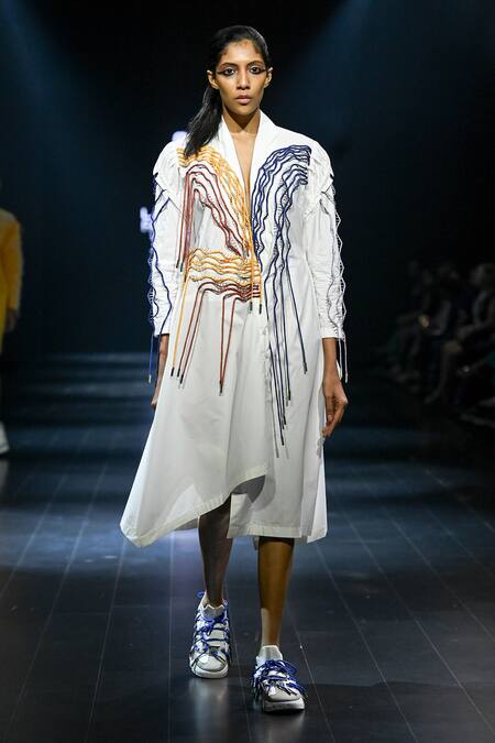 Nitin Bal Chauhan_White Cotton Embroidery V-neck 3d Cord Full Sleeve Dress _Online_at_Aza_Fashions