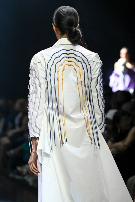 Buy_Nitin Bal Chauhan_White Cotton Embroidery V-neck 3d Cord Full Sleeve Dress _Online_at_Aza_Fashions