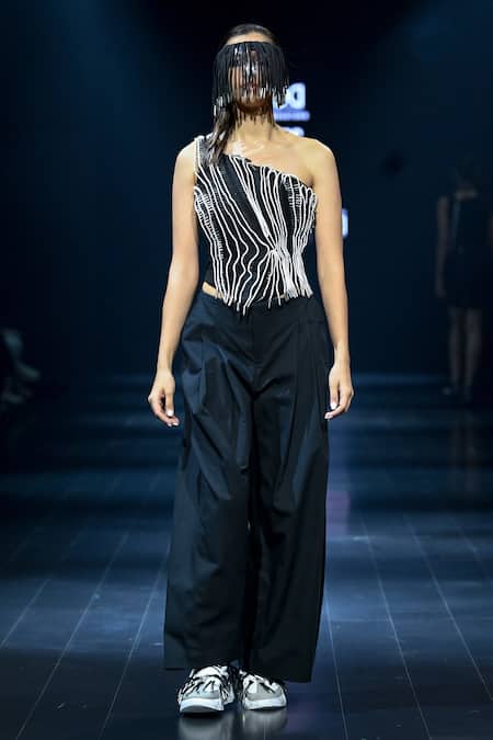 Nitin Bal Chauhan Black Silk, Cotton Embroidery 3d Cord Work One Shoulder Top And Pant Set Online at Aza Fashions Nitin Bal Chauhan_Black Silk, Cotton Embroidery 3d Cord Work One Shoulder Top And Pant Set _Online_at_Aza_Fashions