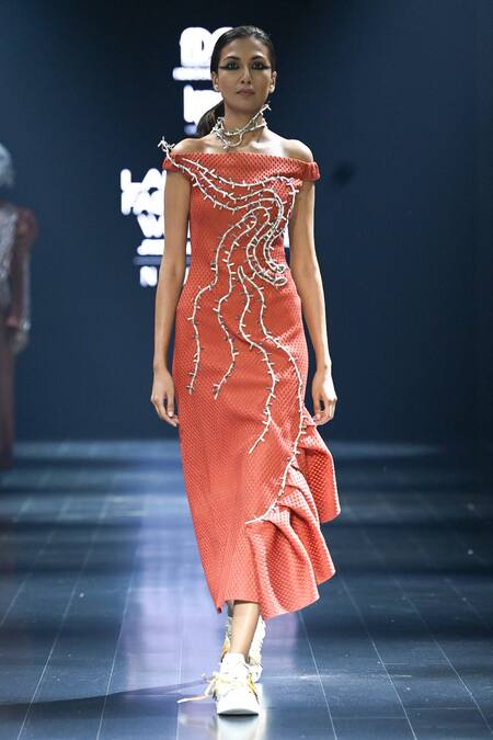 Nitin Bal Chauhan Orange Engineered Knits Embroidery Checkered Straight Pattern Dress Online at Aza Fashions Nitin Bal Chauhan_Orange Engineered Knits Embroidery Checkered Straight Pattern Dress_Online_at_Aza_Fashions