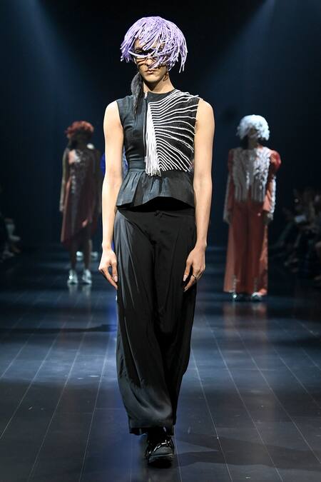 Shop Nitin Bal Chauhan Black Cotton, Silk Embroidery Round Neck Peplum Top And Pant Set Online at Aza Fashions Shop_Nitin Bal Chauhan_Black Cotton, Silk Embroidery Round Neck Peplum Top And Pant Set_Online_at_Aza_Fashions