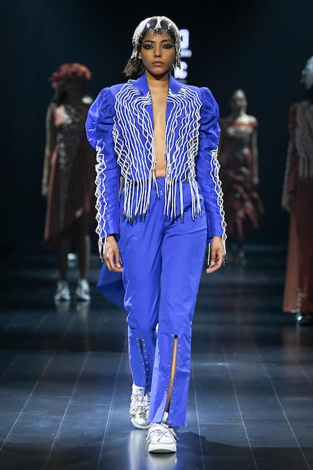 Buy_Nitin Bal Chauhan_Blue Silk Organza Embroidery Cord Open 3d Work Puff Sleeve Jacket And Pant Set _Online_at_Aza_Fashions