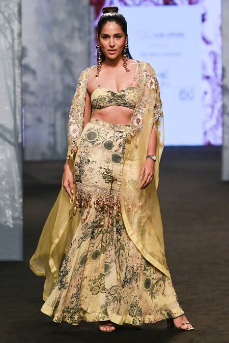 Buy Bhumika Sharma Blue Organza, Georgette Embroidery, Floral Cape And Blossom Print Sharara Set Buy_Bhumika Sharma_Blue Organza, Georgette Embroidery, Floral Cape And Blossom Print Sharara Set