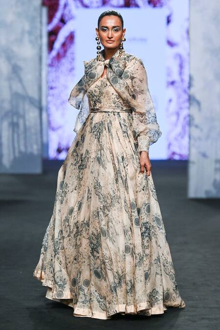 Shop Bhumika Sharma Beige Organza Embroidery Bandeau Neck Blossom Print Bow Gown Online at Aza Fashions Shop_Bhumika Sharma_Beige Organza Embroidery Bandeau Neck Blossom Print Bow Gown _Online_at_Aza_Fashions
