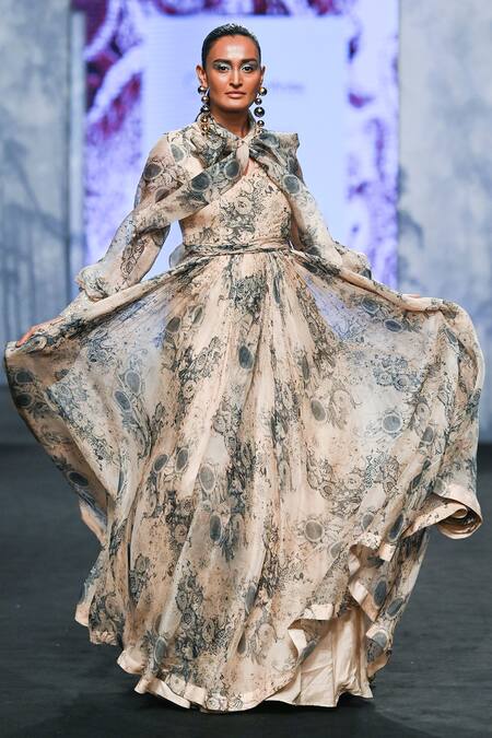 Bhumika Sharma Beige Organza Embroidery Bandeau Neck Blossom Print Bow Gown at Aza Fashions Bhumika Sharma_Beige Organza Embroidery Bandeau Neck Blossom Print Bow Gown _at_Aza_Fashions