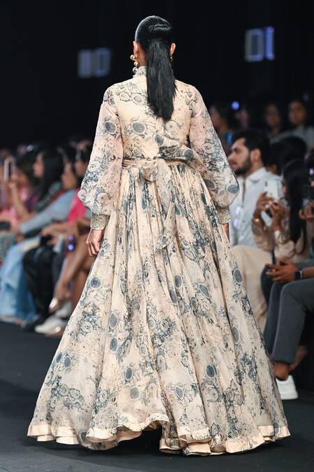 Buy Bhumika Sharma Beige Organza Embroidery Bandeau Neck Blossom Print Bow Gown Buy_Bhumika Sharma_Beige Organza Embroidery Bandeau Neck Blossom Print Bow Gown