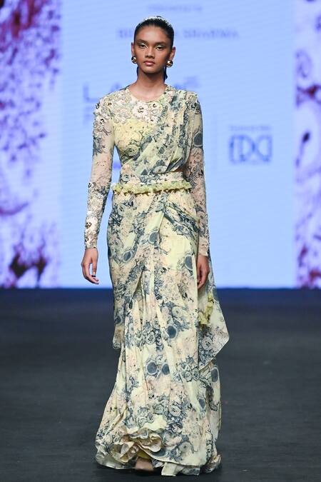 Buy Bhumika Sharma Green Georgette Embroidery Round Neck Blossom Print Pre-draped Saree Set Online at Aza Fashions Buy_Bhumika Sharma_Green Georgette Embroidery Round Neck Blossom Print Pre-draped Saree Set _Online_at_Aza_Fashions