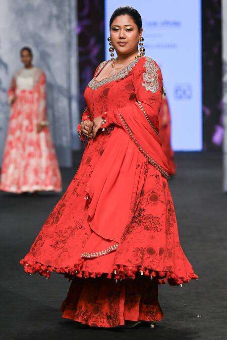 Shop Bhumika Sharma Red Georgette Tassels, Embroidery Blossom Print Anarkali And Flared Pant Set Online at Aza Fashions Shop_Bhumika Sharma_Red Georgette Tassels, Embroidery Blossom Print Anarkali And Flared Pant Set _Online_at_Aza_Fashions