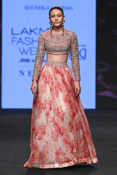 Bhumika Sharma_Red Organza, Georgette Embroidery Round Neck Blossom Print Skirt And Blouse Set _at_Aza_Fashions