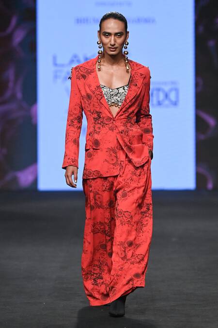 Shop Bhumika Sharma Red Georgette Embroidery, Tassels V-neck, Blossom Print Jacket And Flared Pant Set Online at Aza Fashions Shop_Bhumika Sharma_Red Georgette Embroidery, Tassels V-neck, Blossom Print Jacket And Flared Pant Set _Online_at_Aza_Fashions