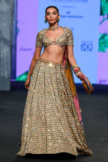 Mahima Mahajan Multi Color Satin, Organza Sequins, Checkered Print Bridal Lehenga Set Online at Aza Fashions Mahima Mahajan_Multi Color Satin, Organza Sequins, Checkered Print Bridal Lehenga Set _Online_at_Aza_Fashions