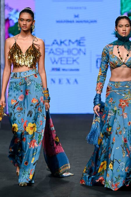 Mahima Mahajan_Blue Satin, Organza, Net Tassels, Embroidery Blouse And Floral Print Pant Set _Online_at_Aza_Fashions